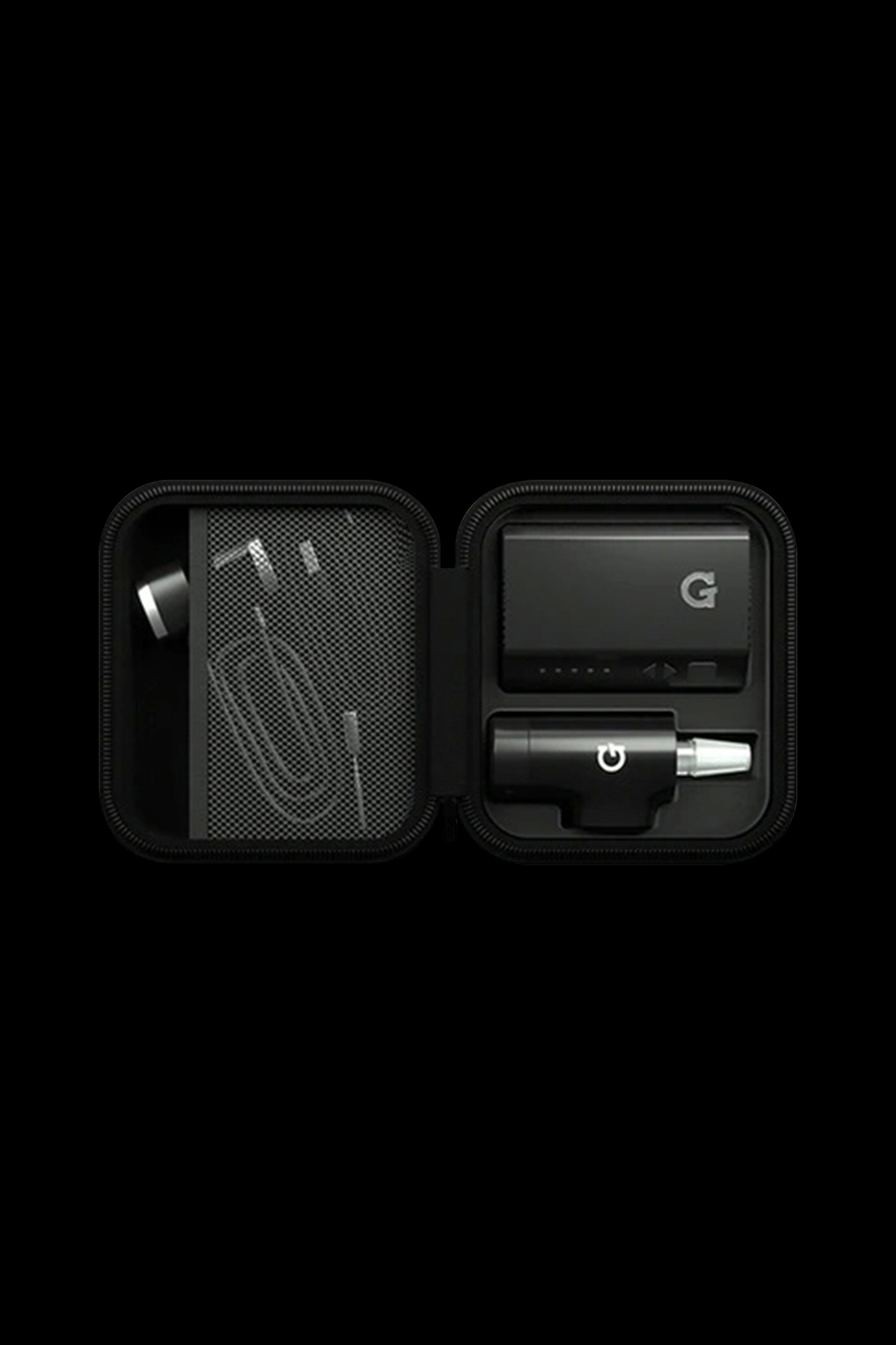 Black zippered case open to reveal a cannabis concentrate vaporizer pen and accessories on foam inserts.