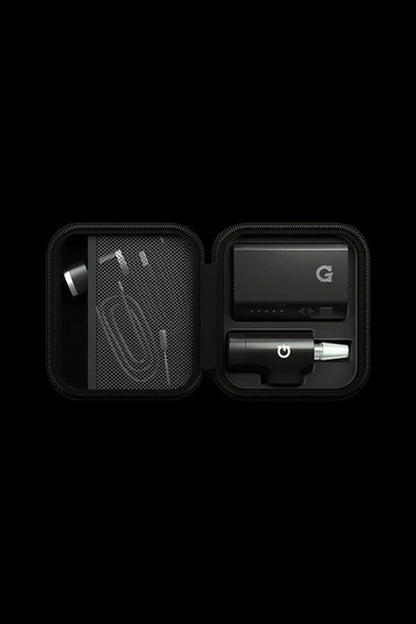 Black zippered case open to reveal a cannabis concentrate vaporizer pen and accessories on foam inserts.