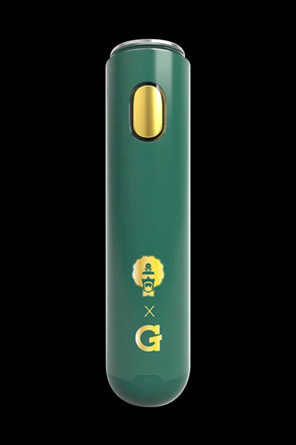 Emerald green cannabis vaporizer pen with gold accents and branding.