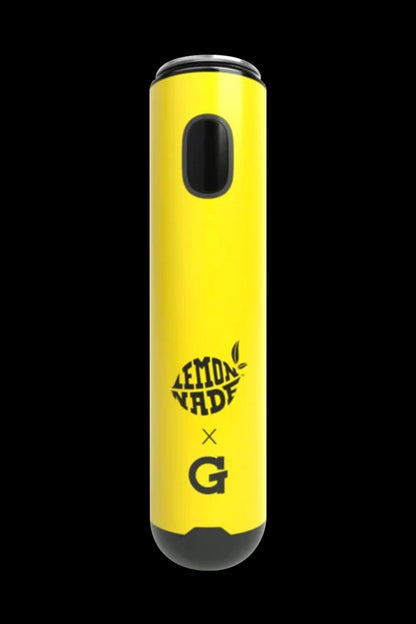 Yellow cannabis vape pen with “Lemonnade x G” logo.