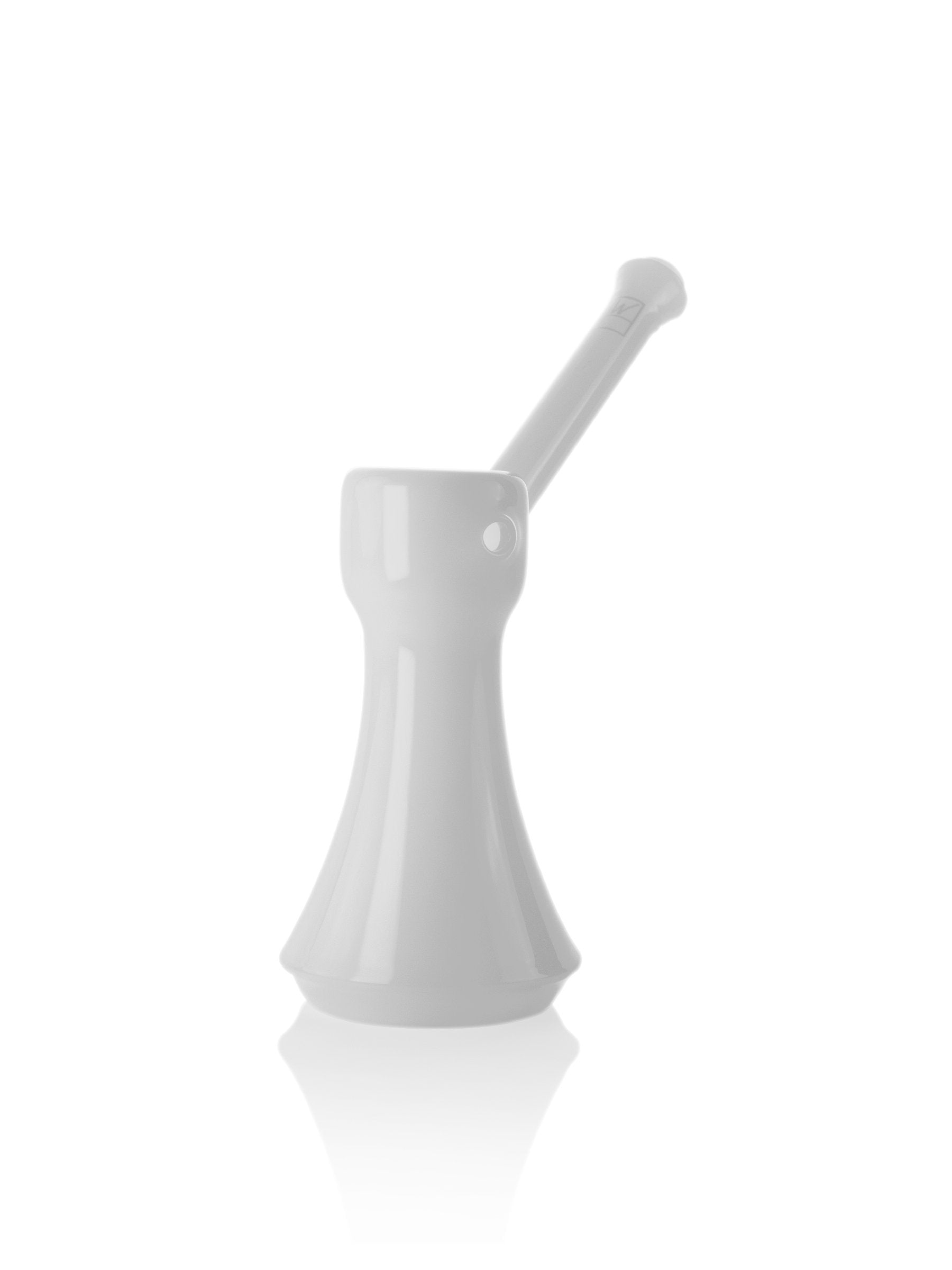 A front view of the Jane West Cloud White Upright Bubbler, reflecting on a clean white surface.