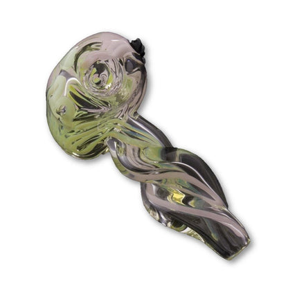 A close-up, angled view of the Green Slyme and Bubble Gum Inside-Out Pipe with Black Marbles, displaying its swirling, colorful glass design.