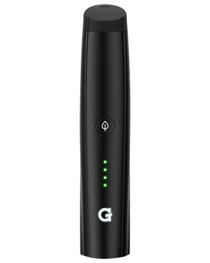 Front view of the Pro Vaporizer, a sleek, black device with a minimalist design and a smooth, cylindrical shape.