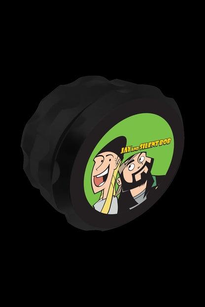 A detailed close-up of the Jay and Silent Bob Grinder, showing its metallic construction and intricate design details.