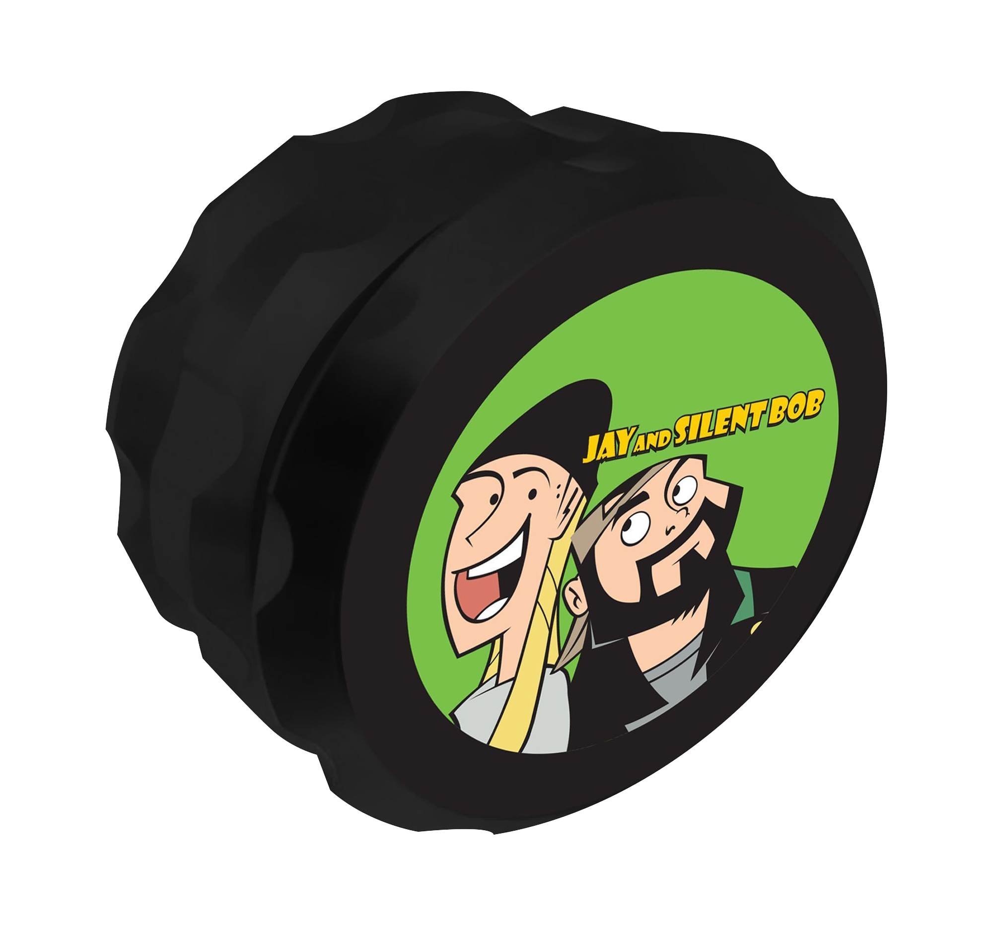 A close-up view of the Jay and Silent Bob Grinder, featuring a circular design with bold text on a dark background.