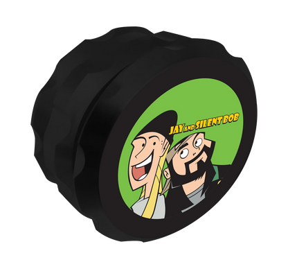 A close-up view of the Jay and Silent Bob Grinder, featuring a circular design with bold text on a dark background.