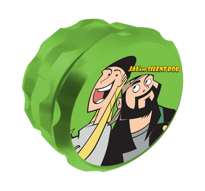 Front view of the Jay and Silent Bob Grinder, featuring a cartoon depiction of the duo on a green background.