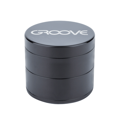 A studio shot of the Aerospaced Groove 4-Piece Aluminum Grinders, showcasing its cylindrical, four-section design.