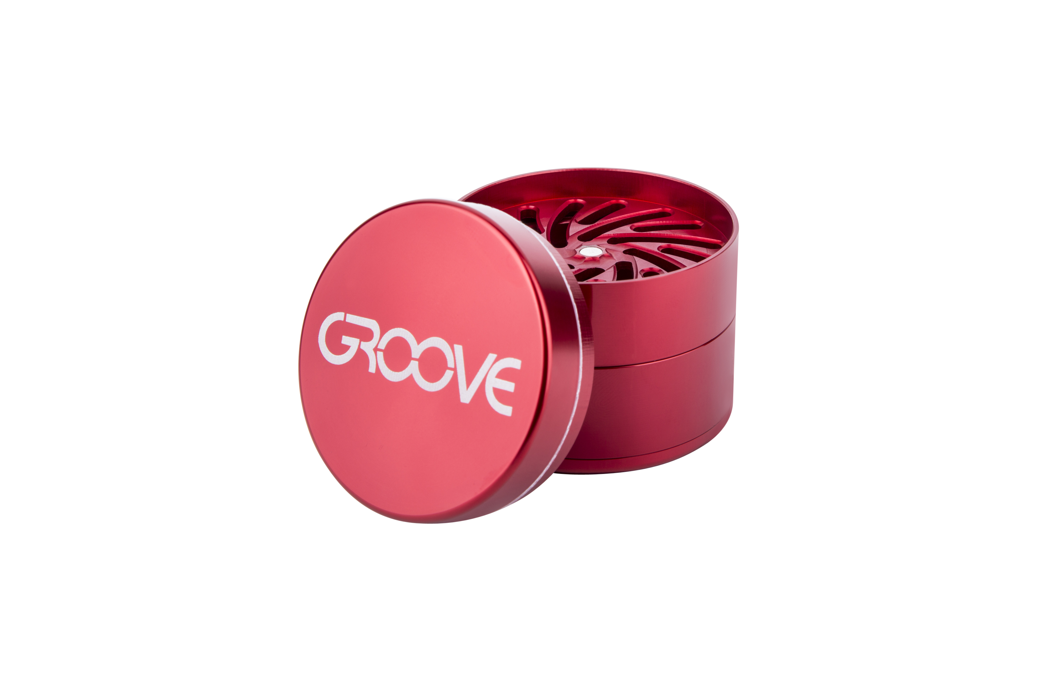 A close-up, angled view of the Aerospaced Groove 4-Piece Aluminum Grinders, showcasing its metallic finish and multi-part design.