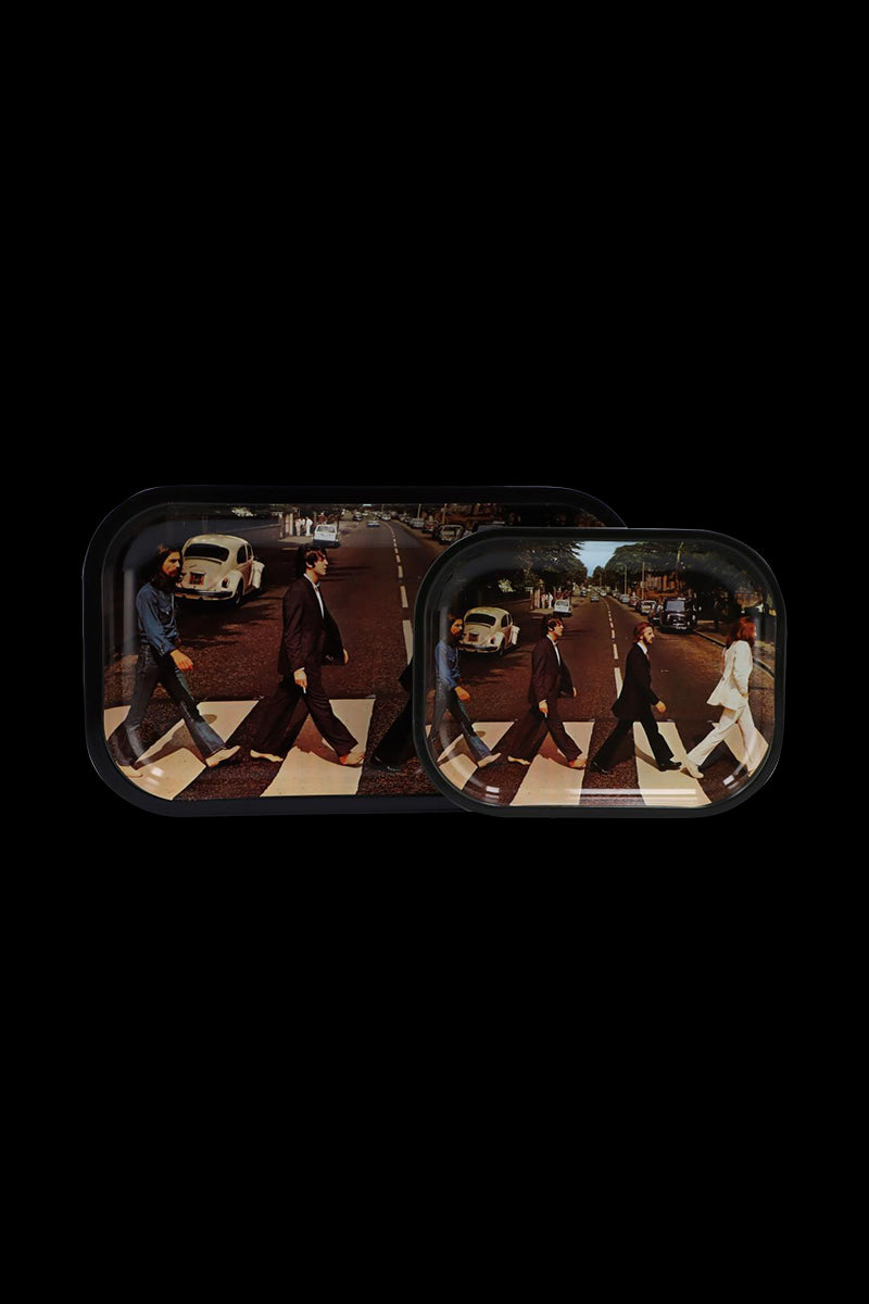 A top-down view of the Famous Brandz Fab4 Abbey Road Rolling Tray, mimicking the iconic album cover with figures crossing a street.