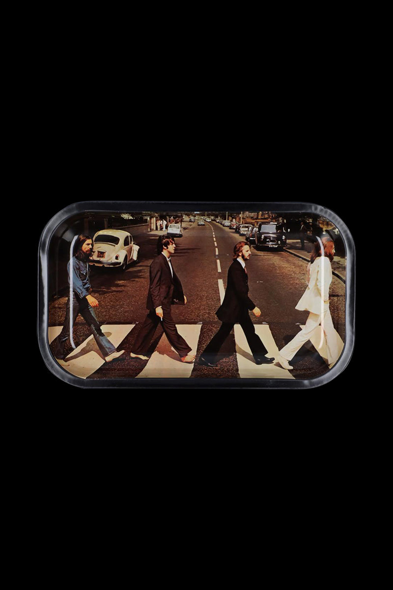 A top-down view of the Famous Brandz Fab4 Abbey Road Rolling Tray, mimicking the iconic album cover with figures crossing a street.