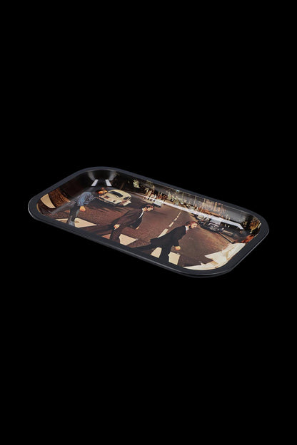 Overhead view of the Famous Brandz Fab4 Abbey Road Rolling Tray, displaying a graphic of the iconic album cover.