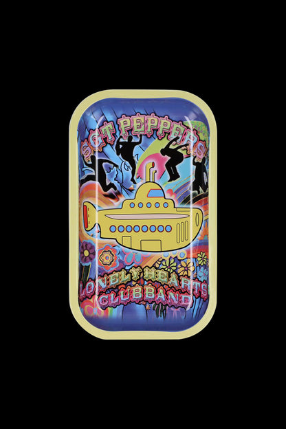 The Rock Legends "Fab4 Yellow Submarine" Rolling Tray displays a vibrant, detailed illustration of the iconic submarine from a slightly overhead angle.