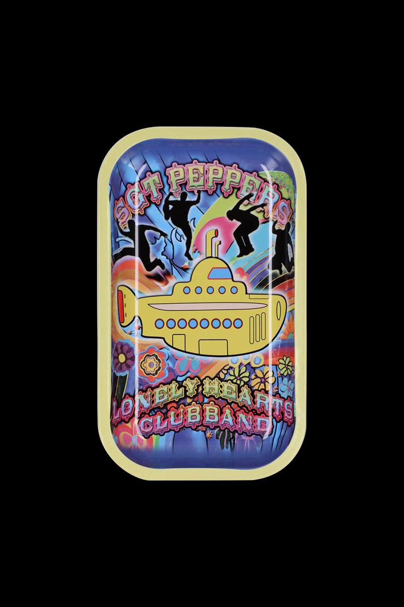 The Rock Legends "Fab4 Yellow Submarine" Rolling Tray displays a vibrant, detailed illustration of the iconic submarine from a slightly overhead angle.