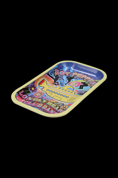 A top-down view of the Rock Legends "Fab4 Yellow Submarine" rolling tray, displaying colorful psychedelic imagery.