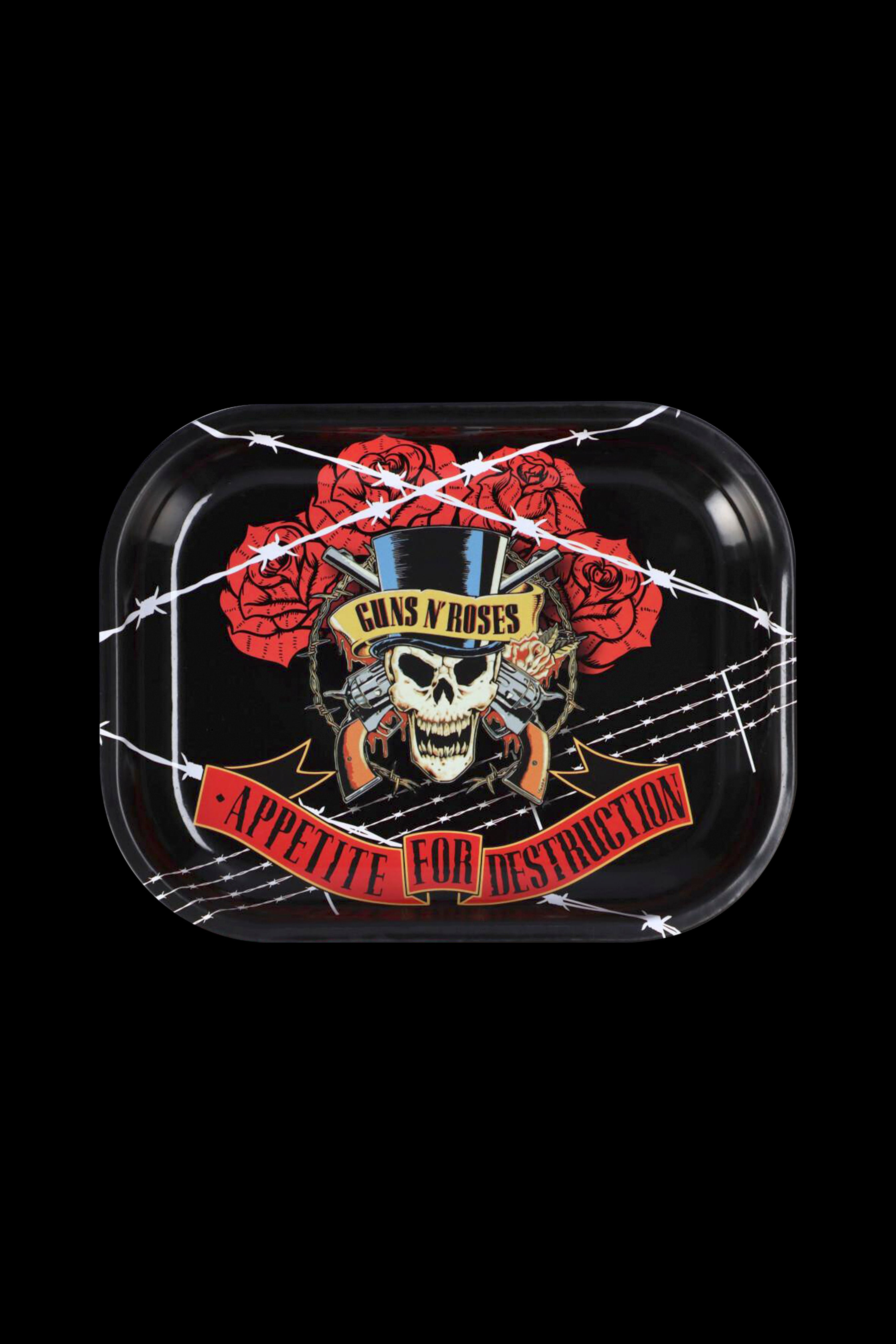 Metal rolling tray featuring the "Appetite for Destruction" album art from Guns N' Roses, with roses, a skull, and barbed wire.