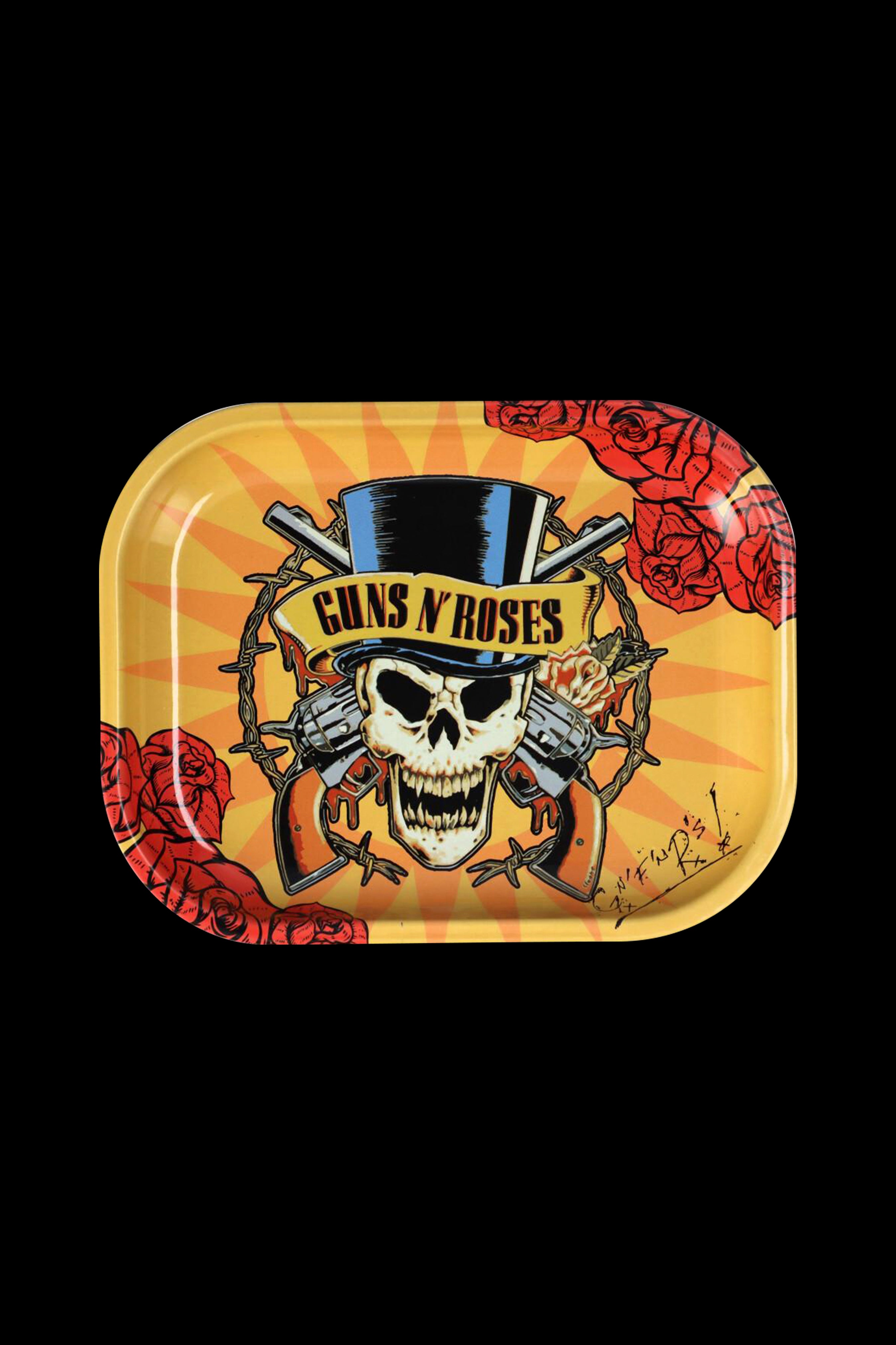 A metal rolling tray featuring the Guns N' Roses skull logo with roses and barbed wire, designed for cannabis accessories.