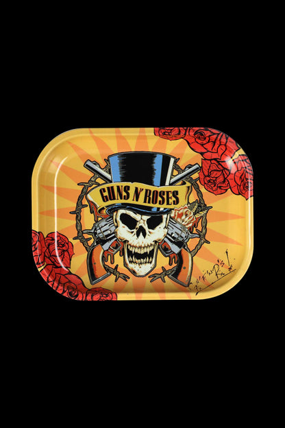 A metal rolling tray featuring the Guns N' Roses skull logo with roses and barbed wire, designed for cannabis accessories.