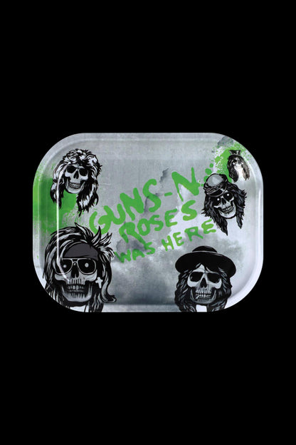 A rectangular metal rolling tray featuring stylized skull illustrations of the band Guns N' Roses with green lettering reading “Guns N’ Roses Was Here.”