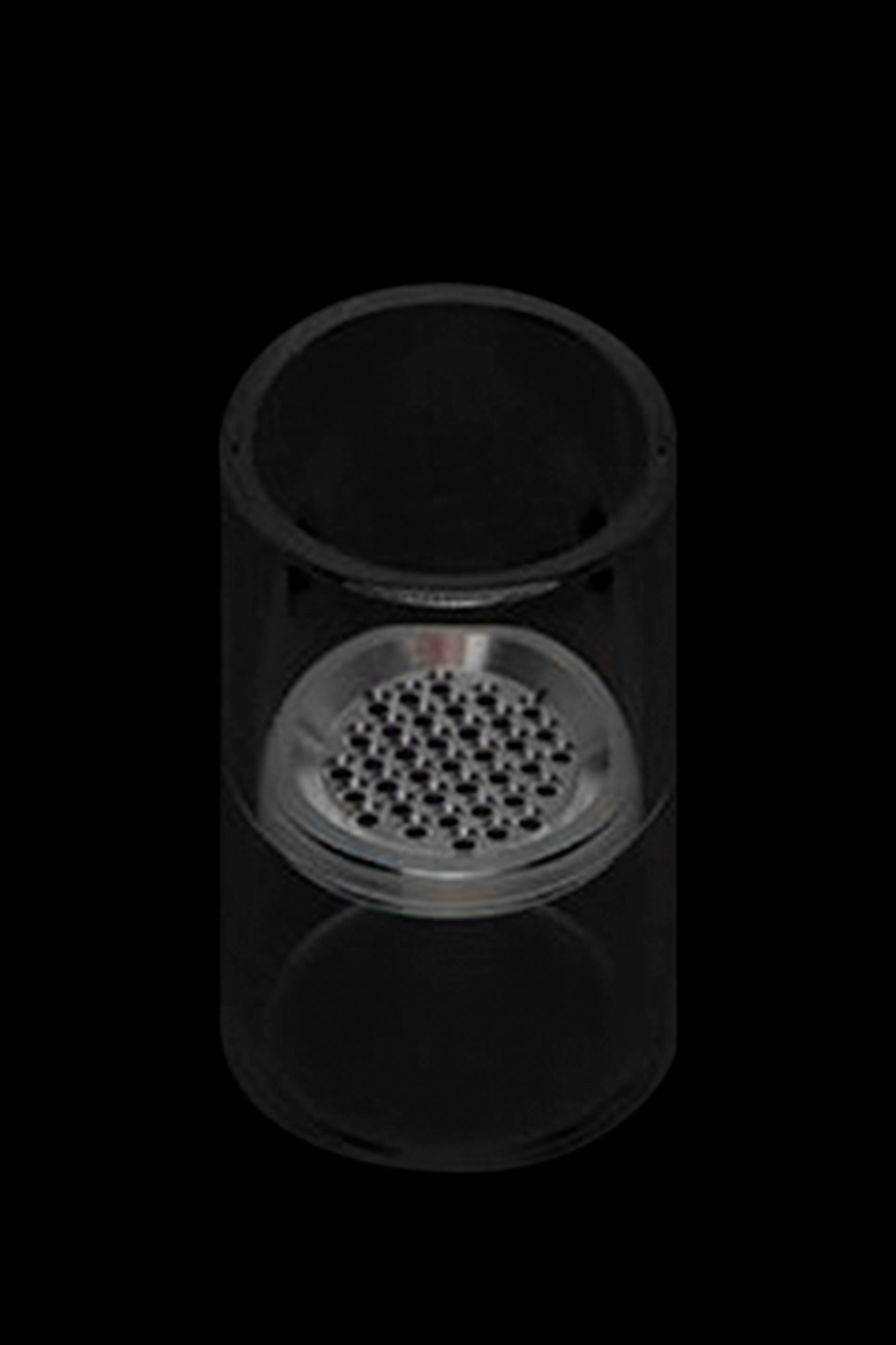 Sleek, cylindrical cannabis concentrate vaporizer device with a perforated heating coil visible inside.