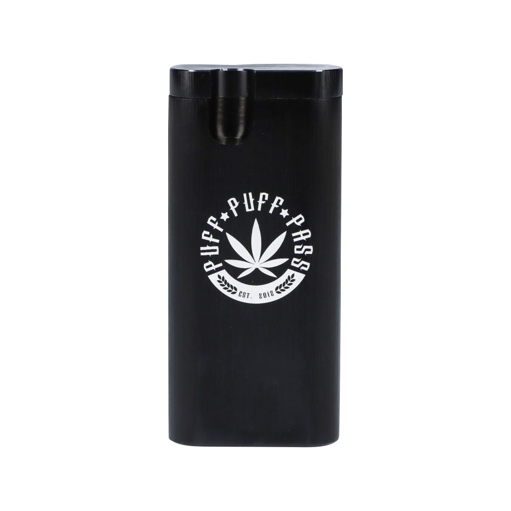 A straight-on view of the Aluminum Dugout - Large, a sleek silver cylinder with a subtle, embossed design on its side.