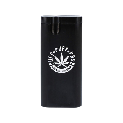 A straight-on view of the Aluminum Dugout - Large, a sleek silver cylinder with a subtle, embossed design on its side.