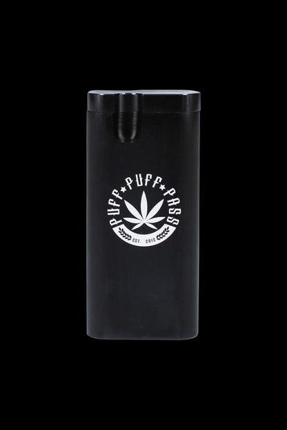 Front view of the Aluminum Dugout - Large, a sleek, silver-toned metal container with a minimalist design and subtle branding.