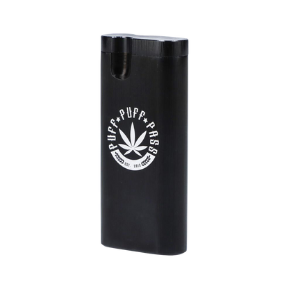 A sleek, angled view of the Aluminum Dugout - Large, featuring a dark metallic finish and minimalist design.