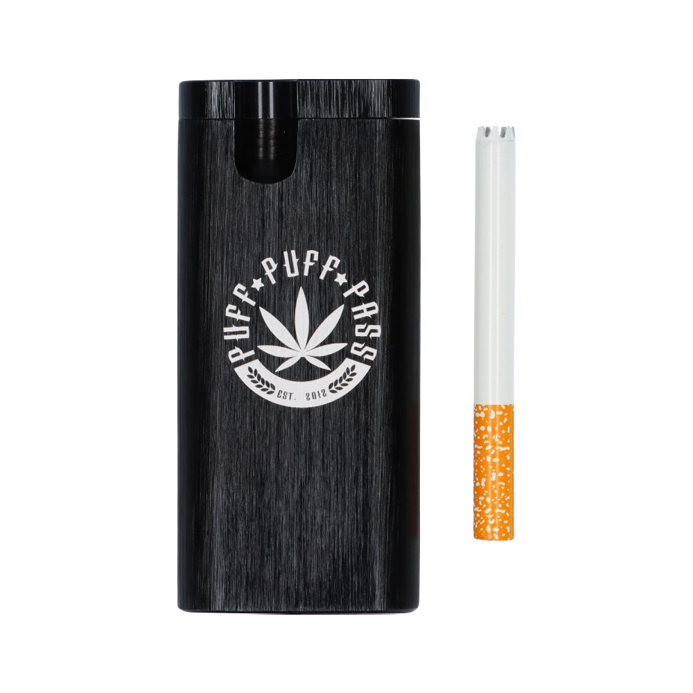 A straight-on view of the Aluminum Dugout - Large, showing a metallic, rectangular case with a visible joint protruding from the top.