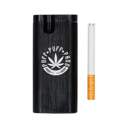 A straight-on view of the Aluminum Dugout - Large, showing a metallic, rectangular case with a visible joint protruding from the top.