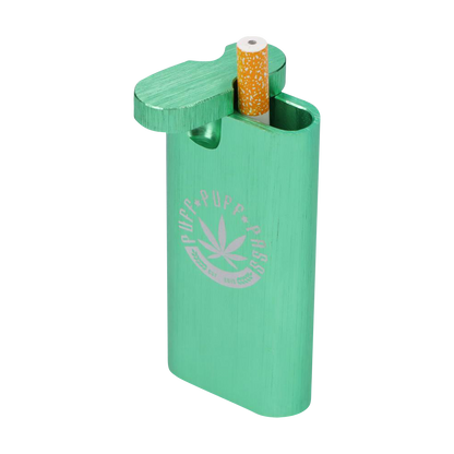 A close-up, angled view of the Aluminum Dugout - Large, displaying a partially smoked joint inserted into its open slot.