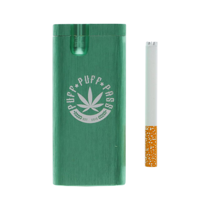 A close-up of the Aluminum Dugout - Large, showing a partially smoked joint protruding from its silver metallic casing.