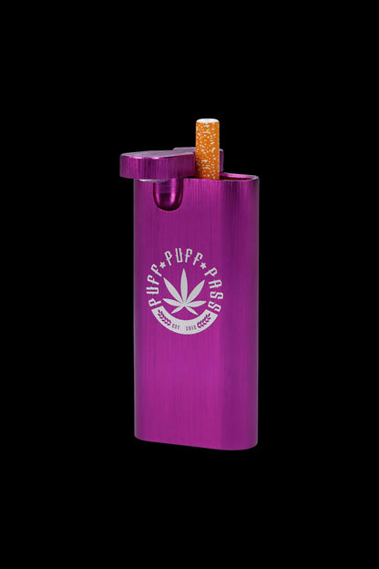 A front view of the Aluminum Dugout - Large, showcasing its metallic purple finish and compact, rectangular design.