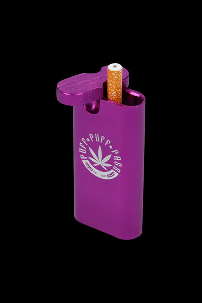 A close-up view of the Aluminum Dugout - Large, showcasing a partially smoked joint extending from its metallic casing.