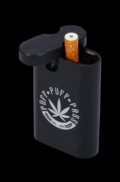 An Aluminum Dugout is shown in a close-up, angled shot, displaying a filled chamber and a cigarette resting on top.