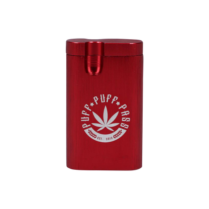 Front view of the Aluminum Dugout, a sleek, red metal container with a simple, minimalist design.