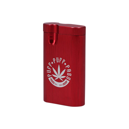 Front view of the Aluminum Dugout, a metallic, rectangular case with a subtle embossed logo on a plain white background.