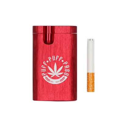 A close-up, angled view of the Aluminum Dugout, showcasing its metallic finish and open compartment with a visible roll.