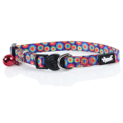 A close-up shot of the HeadyPet Cat Collar, displaying a vibrant, colorful pattern against a plain white backdrop.