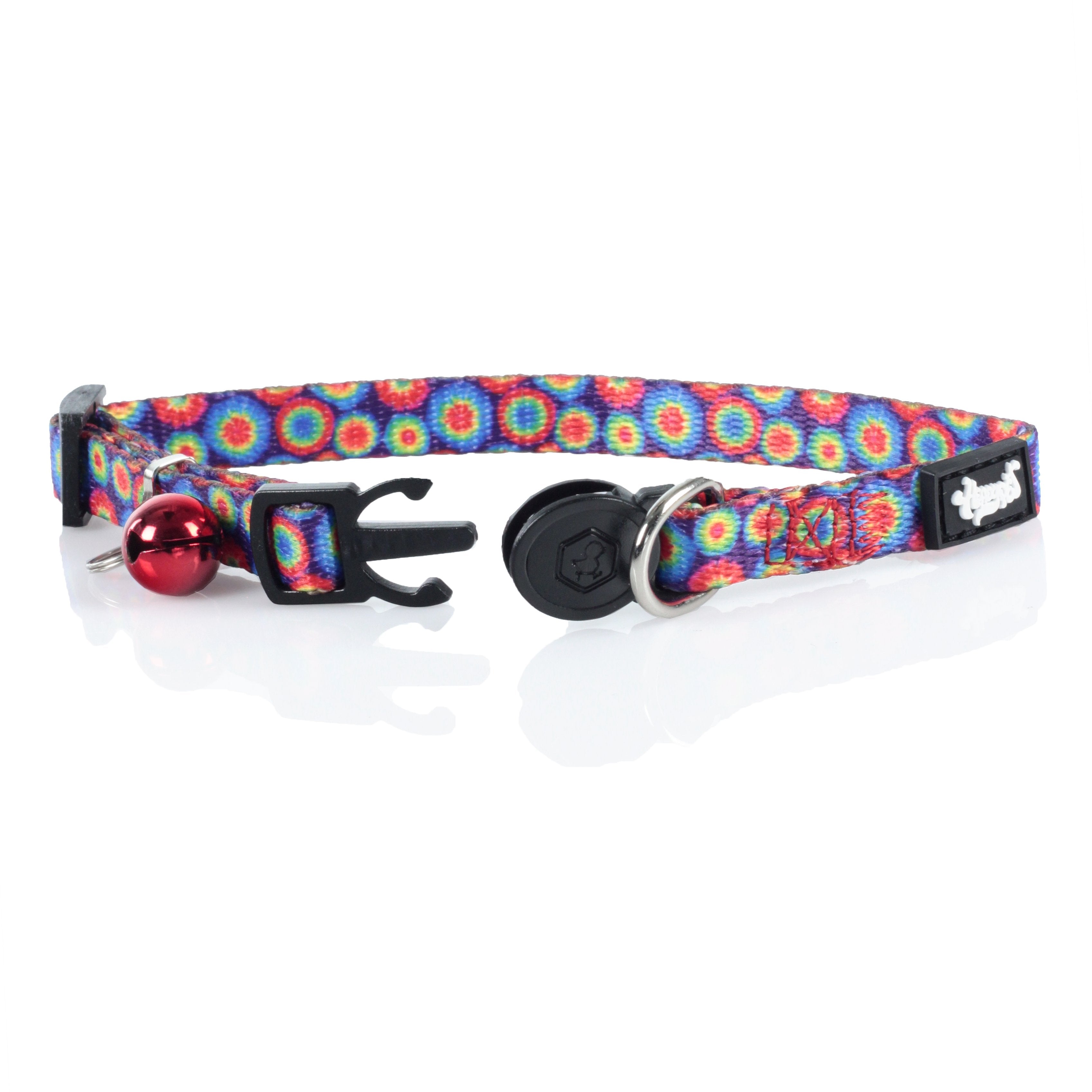 A close-up studio shot displays the HeadyPet Cat Collar with a colorful, patterned design and a black buckle.