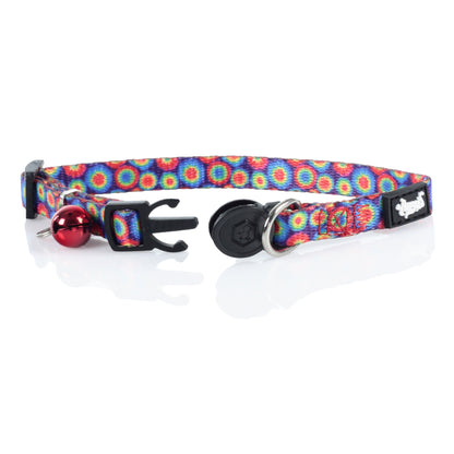 A close-up studio shot displays the HeadyPet Cat Collar with a colorful, patterned design and a black buckle.