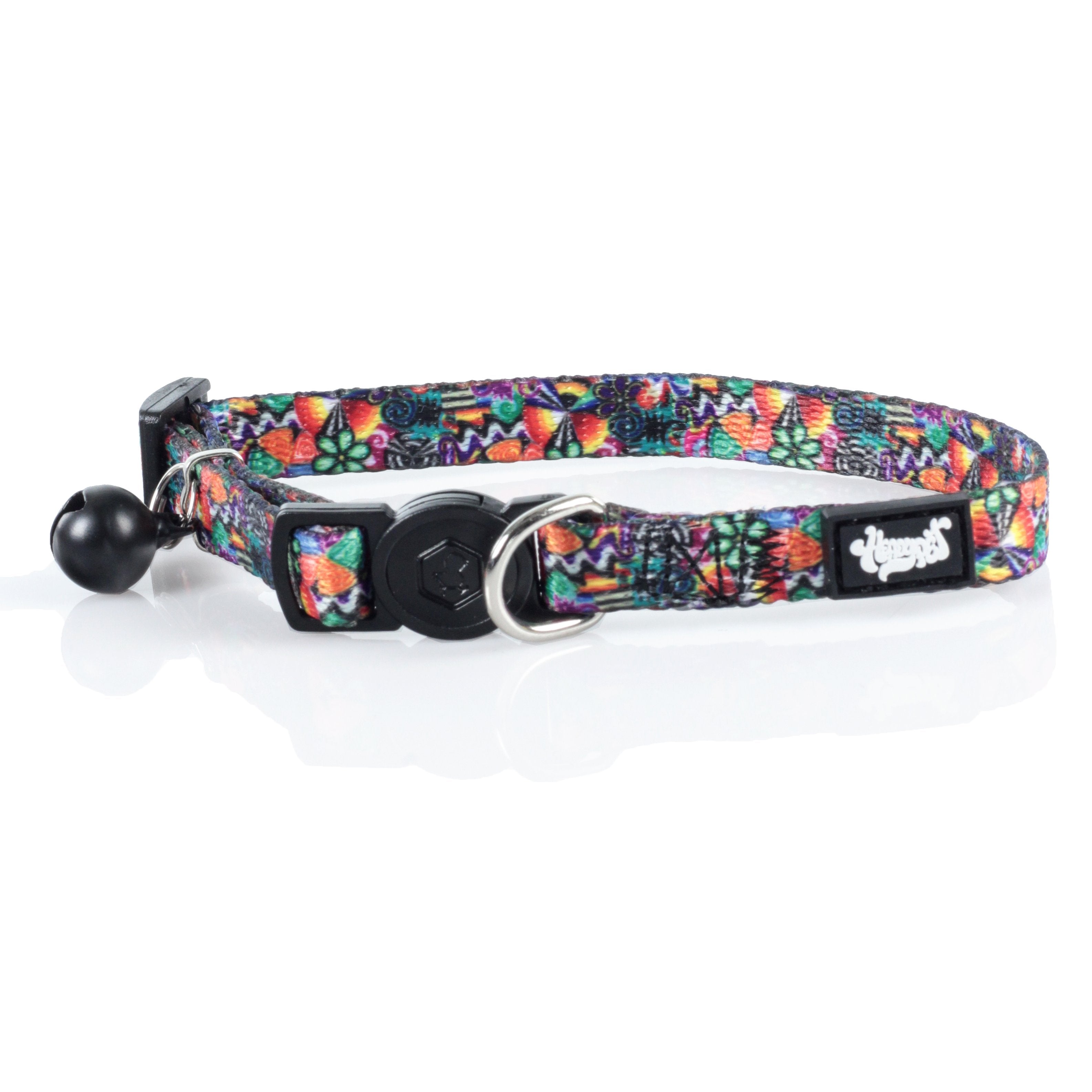 A close-up of the HeadyPet Cat Collar, showcasing its colorful pattern against a clean white background.