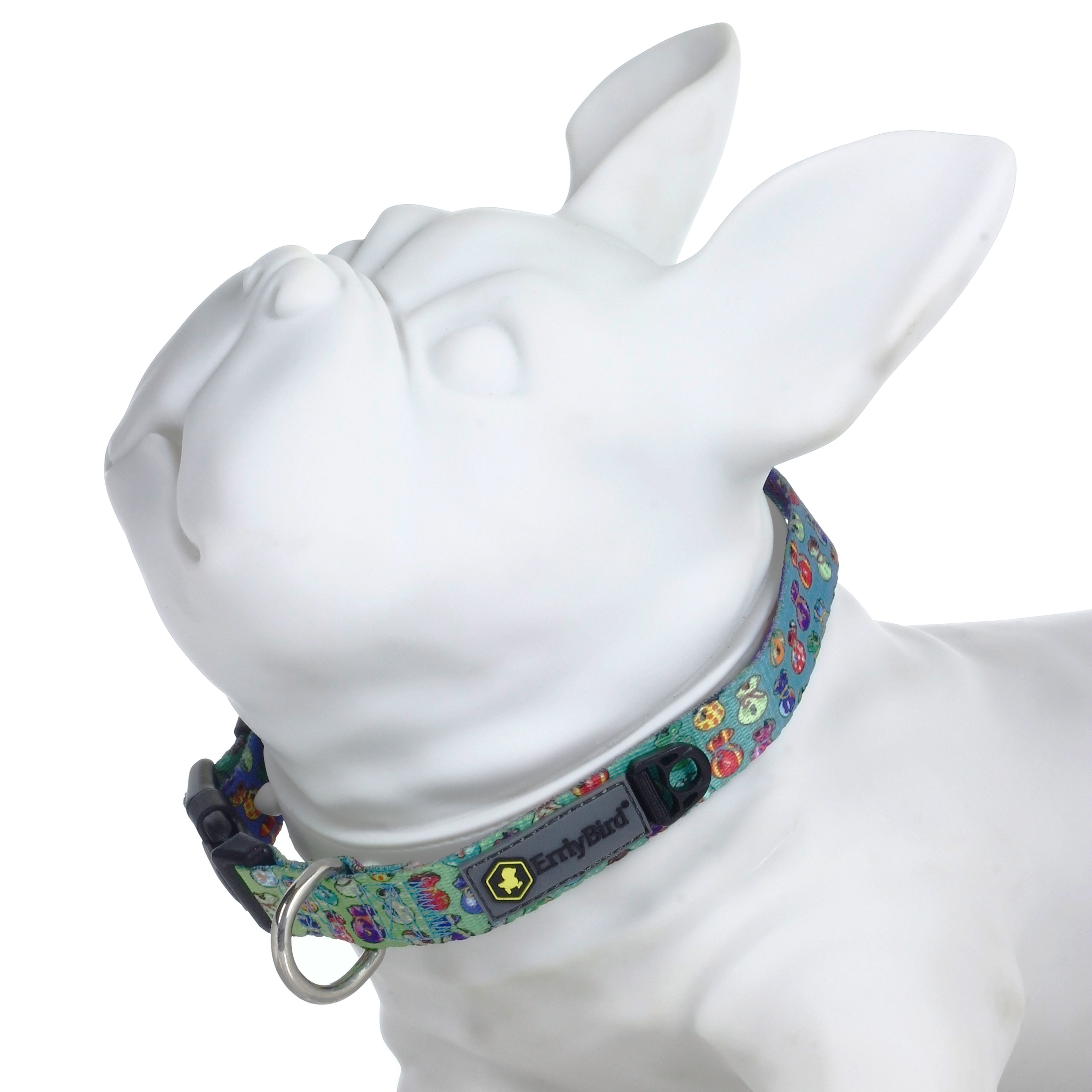 A close-up, angled view of the HeadyPet OG Collar against a plain white background, displaying its unique patterned design.