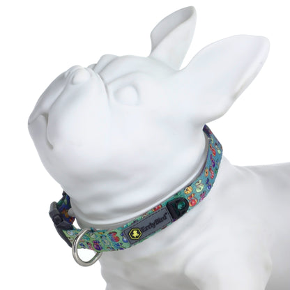 A close-up, angled view of the HeadyPet OG Collar against a plain white background, displaying its unique patterned design.