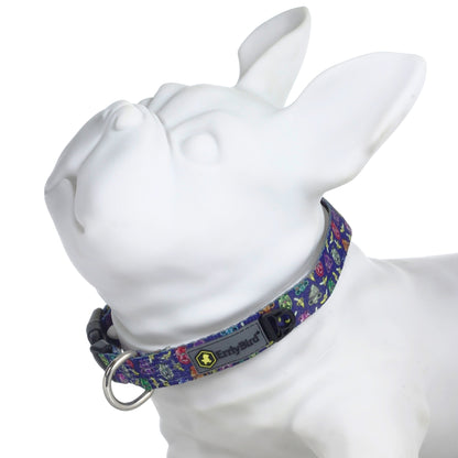 A close-up, angled view showcases the HeadyPet OG Collar, featuring a vibrant, patterned design against a blurred background.