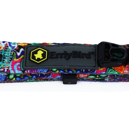 Close-up of the HeadyPet OG Collar, displaying a colorful, patterned design with a black buckle closure.