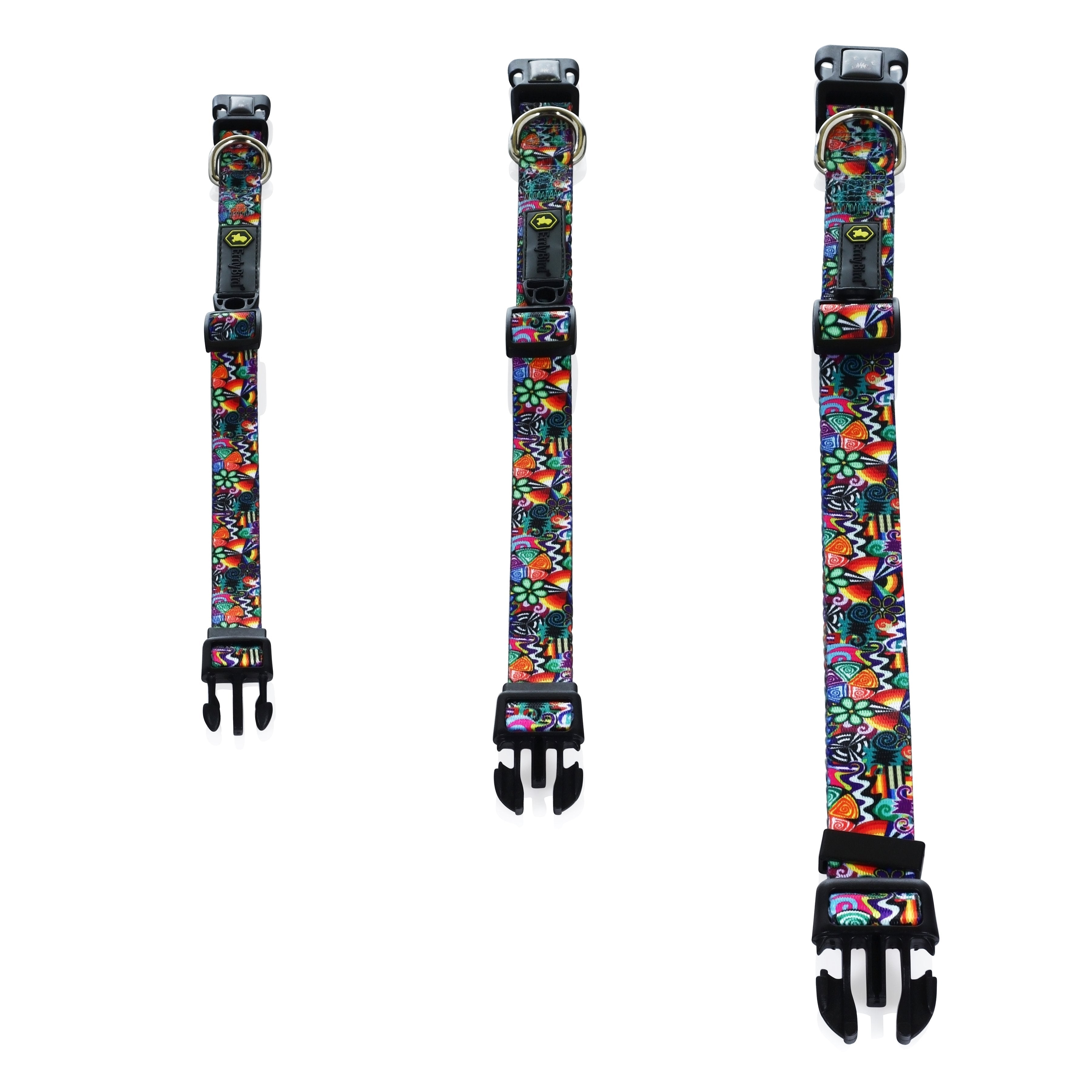 Front view of the HeadyPet OG Collar, a patterned black strap with a silver buckle, isolated on a white background.