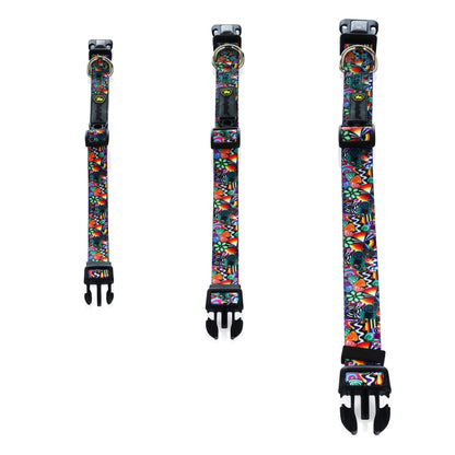 Front view of the HeadyPet OG Collar, a patterned black strap with a silver buckle, isolated on a white background.