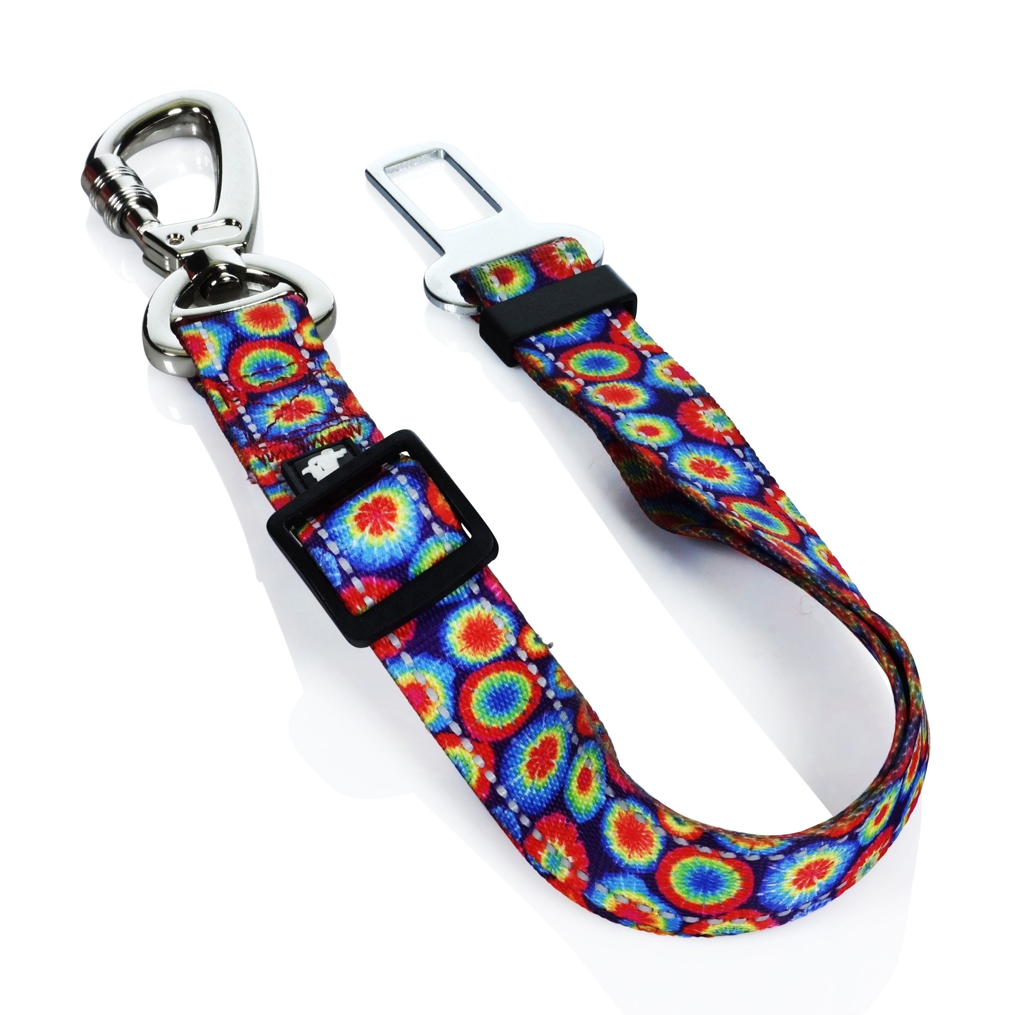A close-up, angled view of the HeadyPet Seat Belt featuring a colorful pattern and silver buckle.