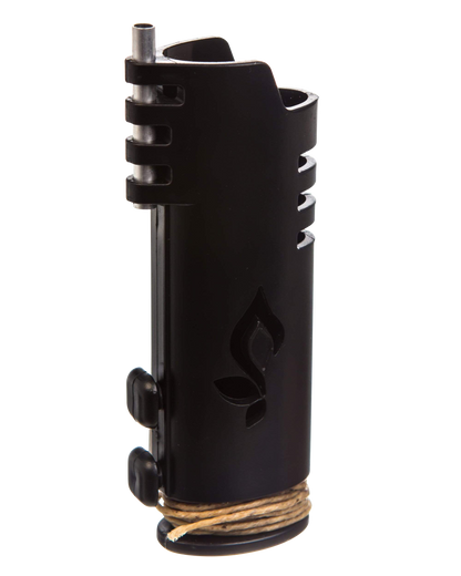 A detailed side view of the Hemplights Wrapper Lighter Case, showcasing its textured black exterior and coiled wrap detail.